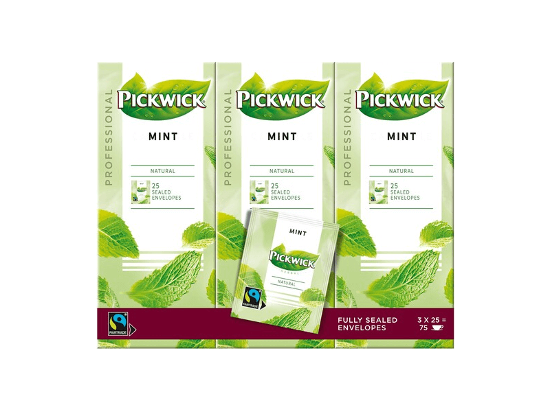 pickwick mint tea box with 75 fairtrade envelopes.