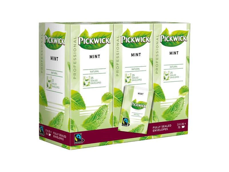 pickwick mint tea box with 75 fairtrade envelopes.